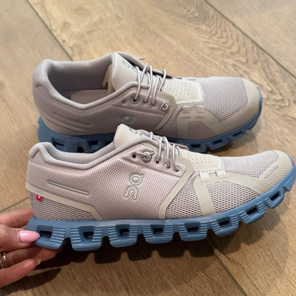 On Running Cream and Blue Athletic Shoes - Picture 2 of 5